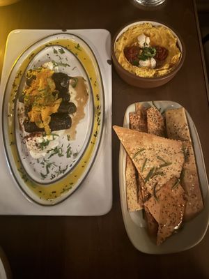  Kabocha Squash Hummus, “Beef” Dolmas, Rosemary Crisps at Anixi in New York City