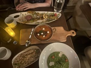  Grilled Chick’n Shish Kabob, Tomato Moussaka, Mujadara, Arak Cured “Salmon” Risotto at Anixi in New York City