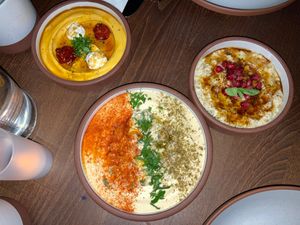 3 mezze (all delicious): squash, chickpea, and egglant at Anixi in New York City