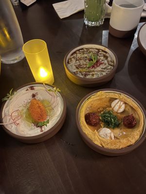 3 mezze (eggplant top, squash R, ricotta L)  at Anixi in New York City