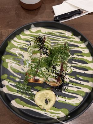 Chicken gyro rolls with spicy sauce on the side (didn’t find it too spicy)  at Anixi in New York City