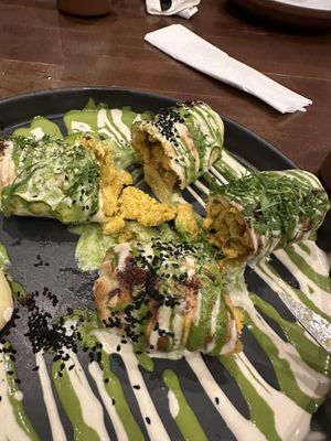 Inside of the chicken gyro rolls with spicy sauce on the side (didn’t find it too spicy)  at Anixi in New York City