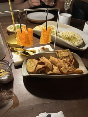 Hummus, pita chips and fake salmonn  at Anixi in New York City