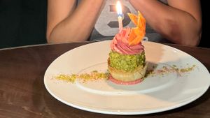Raspberry mousse and pistachio baklava cheesecake at Anixi in New York City