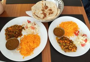Vegan lunch combo option: Rice, lentils curry, chickpeas and vegetables curry, tomato salad, naan at Bawarchi in Sao Paulo