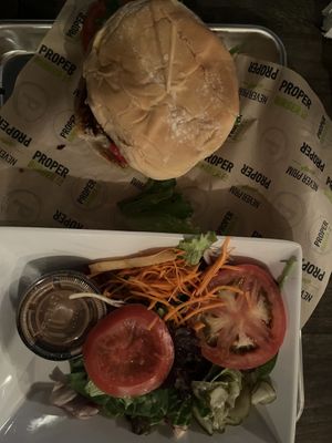 De Vinci burger with side saladd  at Proper Brewing & Burger Co in Moab