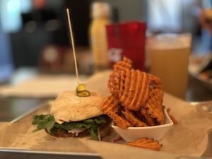 Bollywood burger and sweet potato friess  at Proper Brewing & Burger Co in Moab