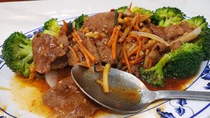 Hunan vegi beef ($20). Spicy and pretty good, but broccoli was overcooked. at Guilin Chinese Restaurant in Tucson