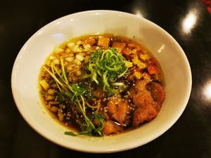 Shoyu ramen at Vegan Ramen めぐり in Asahikawa