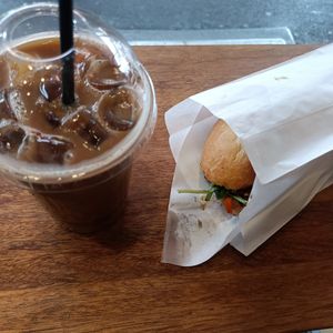 Oat iced coffee, vegan meatball banh mi at Rossie Banhmi in Hawthorn