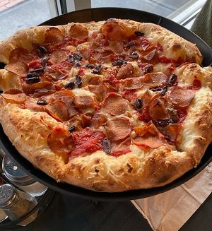 Vegan cheese and vegan pepperoni  at Boom's Pizza in Lakewood