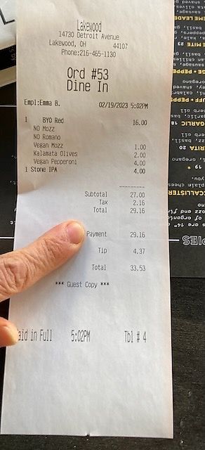 Bill - $4 extra for vegan cheese and $1 for vegan cheese. Total pizza was $23 at Boom's Pizza in Lakewood