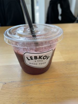 Forest Fruit Juice
Homemade organic apple juice blended with frozen blueberries, raspberries and strawberries.  at LEBKOV & Sons in Rotterdam