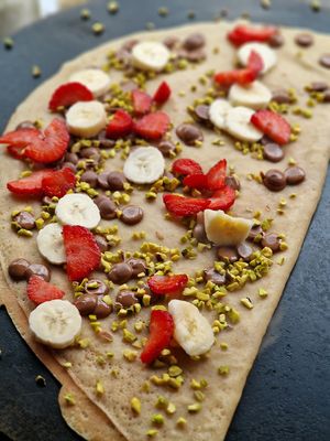 Vegan sweet crepe.
Fruits, chocolate and pistachio at Creperie Nathalie in Whitley Bay