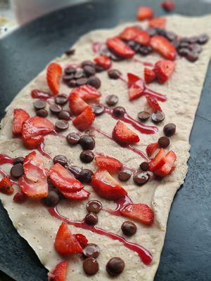 Vegan crêpes, sweets. Strawberry/raspberry coulis and dark chocolate at Creperie Nathalie in Whitley Bay