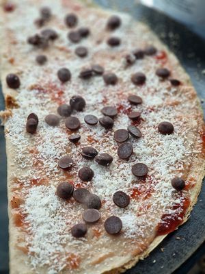 Vegan crepes. Dark chocolate /raspberry and coconut at Creperie Nathalie in Whitley Bay