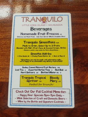 Drinks menu at Tranquilo Cafe in Corn Islands