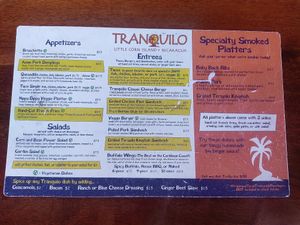 Menu at Tranquilo Cafe in Corn Islands
