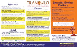 2025 season menu... Based on great feedback and suggestions from our guests, we've added more vegetarian and vegan dishes this year, and we'll continue to listen about adding more! at Tranquilo Cafe in Corn Islands