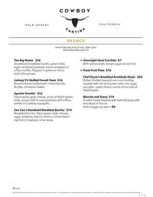 Brunch Menu at Cowboy Cantina in Rancho Mirage