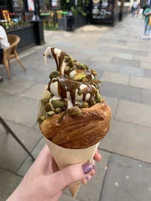 Pistachio praline and vanilla ice cream crossiant cone  at British Patagonia in North London