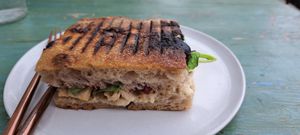 Vegan chicken and brie foccacia #Veganuary at British Patagonia in North London