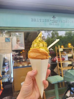 Croissant Cone with Pistachio Ice Cream and Pistachio bits on top at British Patagonia in North London