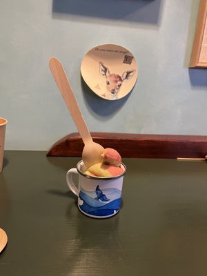 Kid’s cup mix of pistachio and strawberry sorbet   at British Patagonia in North London