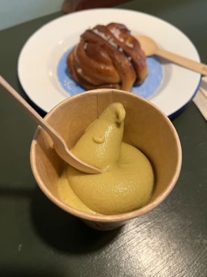 Pistachio kids cup and cinnamon bun   at British Patagonia in North London