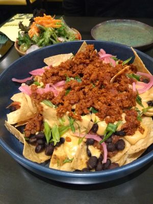 Nachos were definitely the best dish! Used a house made cashew cheese  at Plantasia Eatery in Flagstaff