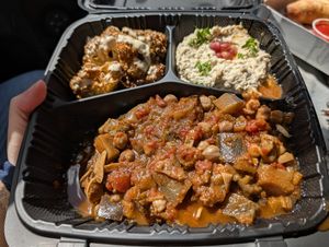 Trio combo with cauliflower, baba ganoush, and moussaka eggplant at Aladdin in Stowe