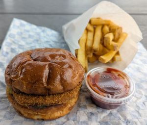 Classic Chick'n Sandwich and fries at No Clucks in Portland