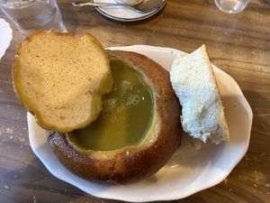 Pea soup in a sourdough bread bowl (without any of the toppings that come with it)   at Pea Soup Andersen's  in Santa Nella
