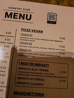 Menù pizze vegan at Birracrua in Vicenza
