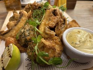 Veg tempura with curried VG mayo   at The Victoria Hotel in Robin Hoods Bay