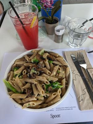 Wonderful warm broccoli and muschroom pasta! at Spoon Thessaloniki  in Thessaloniki
