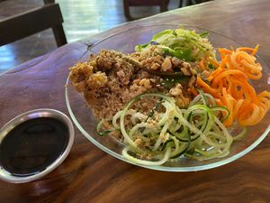 Vegan Thai style bowls made with fresh organic veggies, nuts, roasted moringa and more! Delicious and nutritious  at Cafe-Bazar OM - temporarily closed in Monteverde