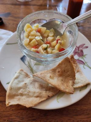 Plantain ceviche with homemad chips at Cafe-Bazar OM - temporarily closed in Monteverde