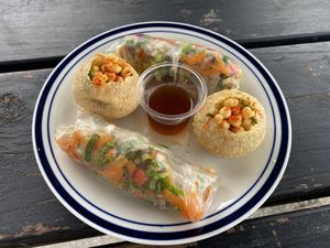 Fresh spring rolls and pani puri  at Roti Overdrive in Kaikoura