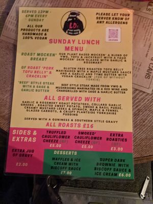 Sunday menu at LD's Kitchen - The Black Heart in North West London