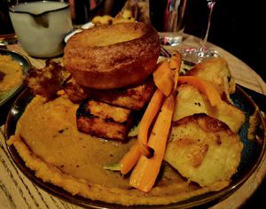 Roast tofu 'pork' belly & crackling. at LD's Kitchen - The Black Heart in North West London