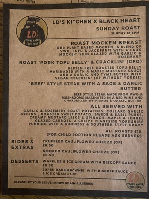 Sunday roast menu  #Veganuary at LD's Kitchen - The Black Heart in North West London