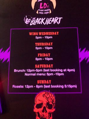 Hours May 2024  at LD's Kitchen - The Black Heart in North West London