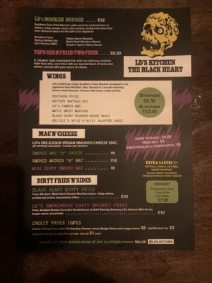 The menu  at LD's Kitchen - The Black Heart in North West London