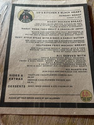 Sunday roast menu  at LD's Kitchen - The Black Heart in North West London