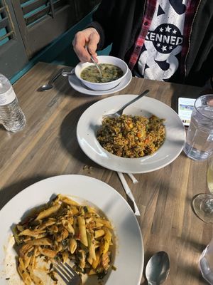 Pasta , fried rice , and vegetable soup .. all incredibly good and portions are quite large   at Chez Olga in Grand Rapids
