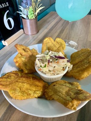 Fried plantains with spicy coleslaw   at Chez Olga in Grand Rapids