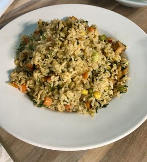 Caribbean fried rice with tofu  at Chez Olga in Grand Rapids