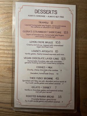 Dessert menu at Pasta Louise in Brooklyn