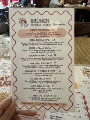 Brunch menu  at Pasta Louise in Brooklyn